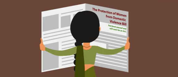 A graphics showing a woman reading a news headline about India law related to domestic violence
