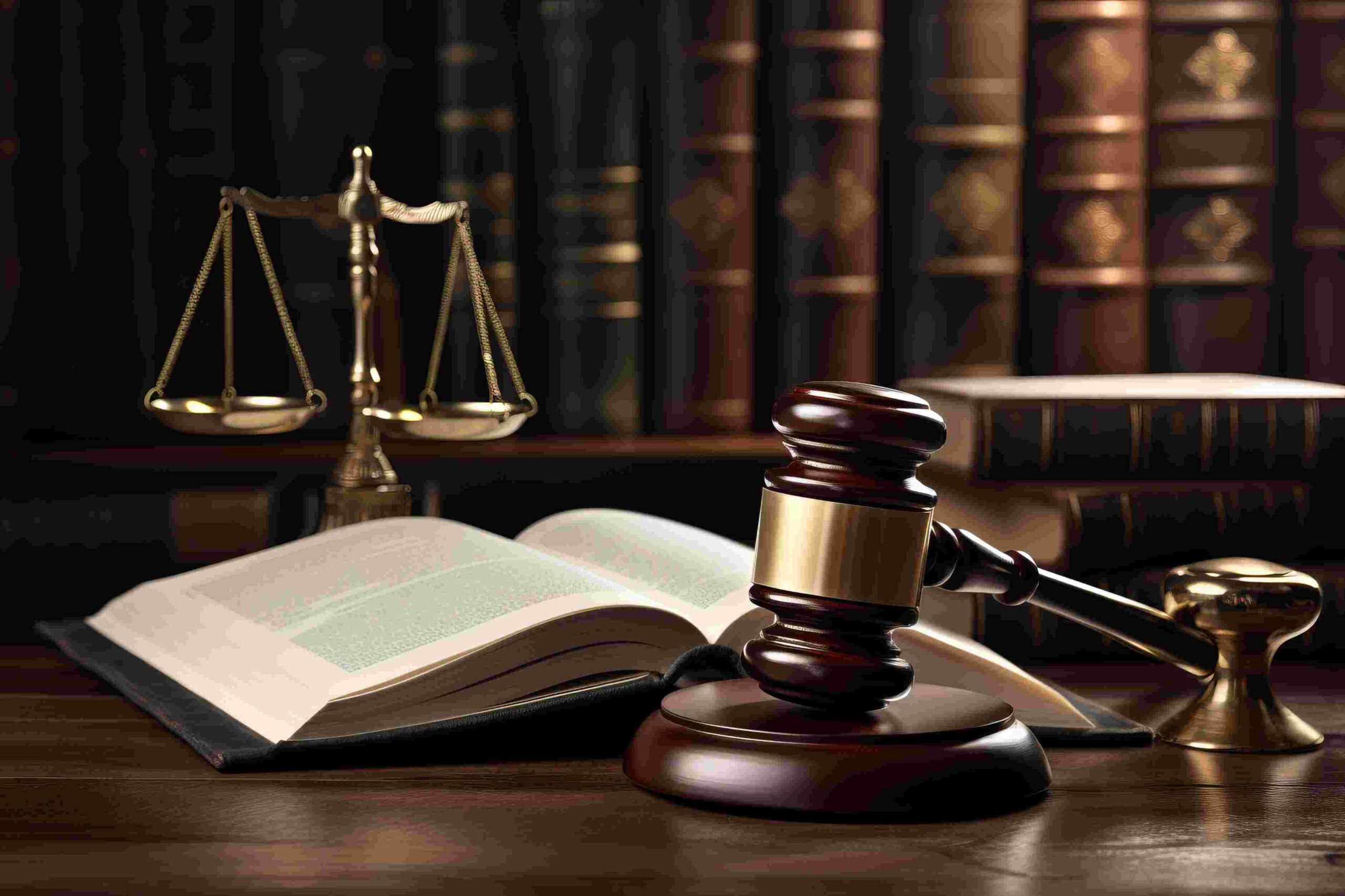 Image of a law chamber with a book and scale of justice on the table